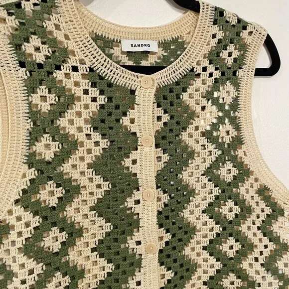 New Sandro Henrika Geo Crochet Vest Ecru Olive Large $295 - Picture 6 of 9
